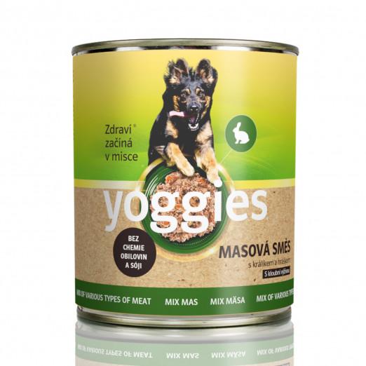 800g Yoggies konzerva pro psy s masovou směsí (kuře, vepřové, hovězí) králíkem a hráškem